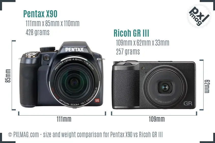 Pentax X90 vs Ricoh GR III size comparison