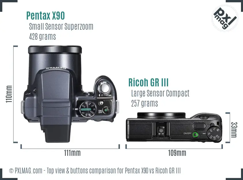 Pentax X90 vs Ricoh GR III top view buttons comparison