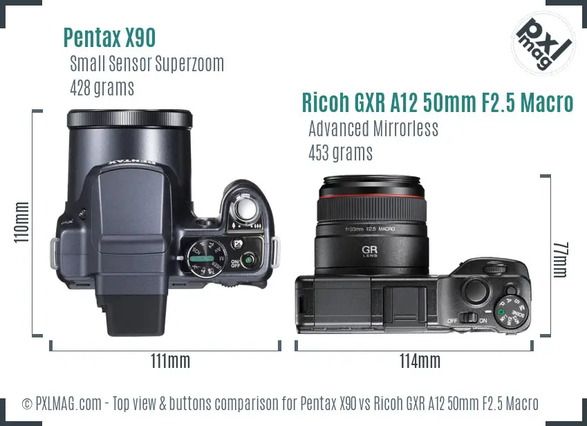 Pentax X90 vs Ricoh GXR A12 50mm F2.5 Macro top view buttons comparison