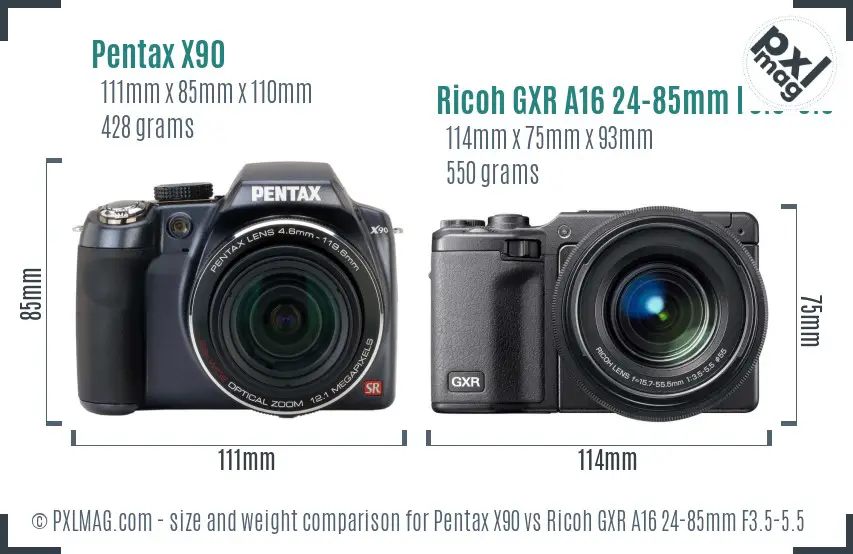 Pentax X90 vs Ricoh GXR A16 24-85mm F3.5-5.5 size comparison