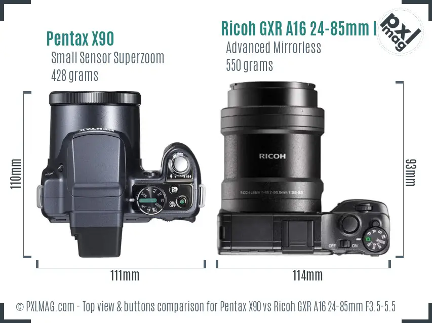 Pentax X90 vs Ricoh GXR A16 24-85mm F3.5-5.5 top view buttons comparison