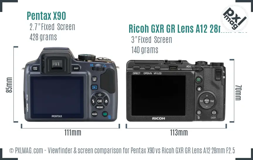 Pentax X90 vs Ricoh GXR GR Lens A12 28mm F2.5 Screen and Viewfinder comparison