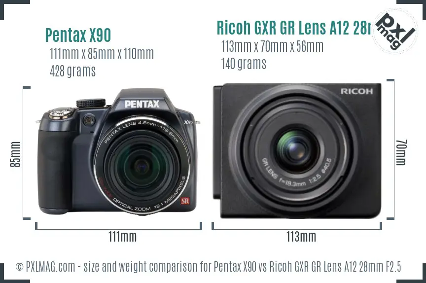 Pentax X90 vs Ricoh GXR GR Lens A12 28mm F2.5 size comparison