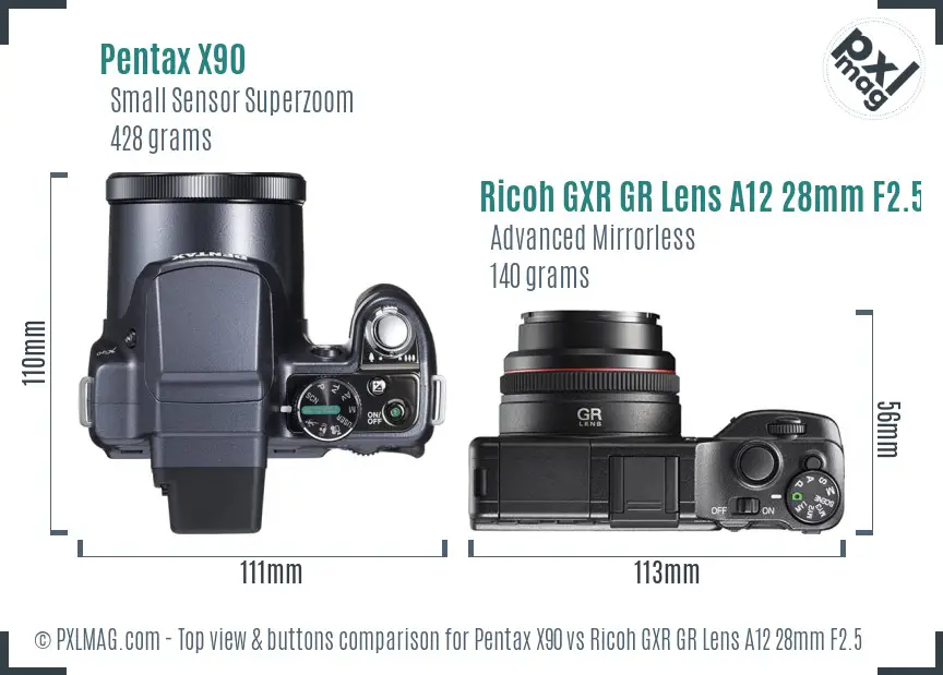 Pentax X90 vs Ricoh GXR GR Lens A12 28mm F2.5 top view buttons comparison