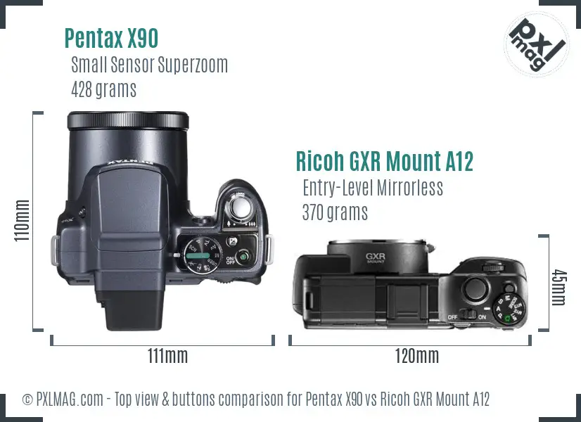Pentax X90 vs Ricoh GXR Mount A12 top view buttons comparison