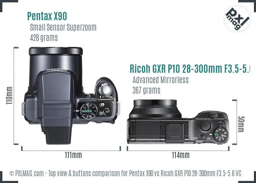 Pentax X90 vs Ricoh GXR P10 28-300mm F3.5-5.6 VC top view buttons comparison