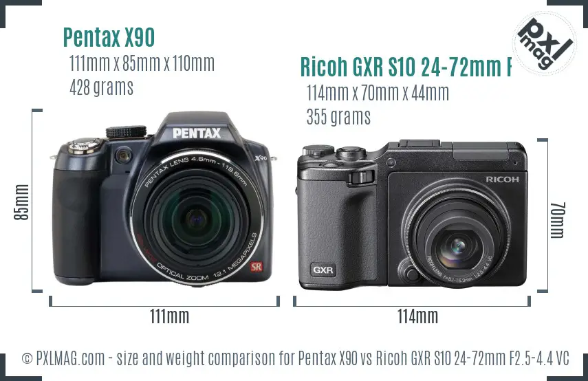 Pentax X90 vs Ricoh GXR S10 24-72mm F2.5-4.4 VC size comparison