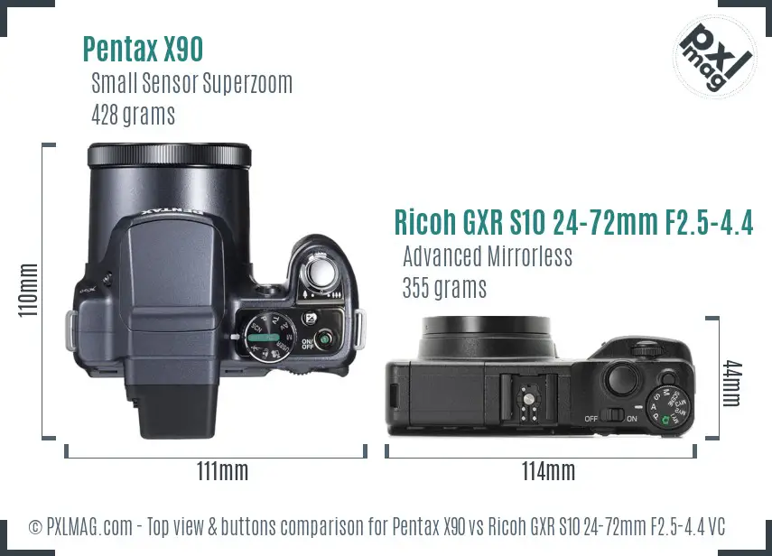 Pentax X90 vs Ricoh GXR S10 24-72mm F2.5-4.4 VC top view buttons comparison