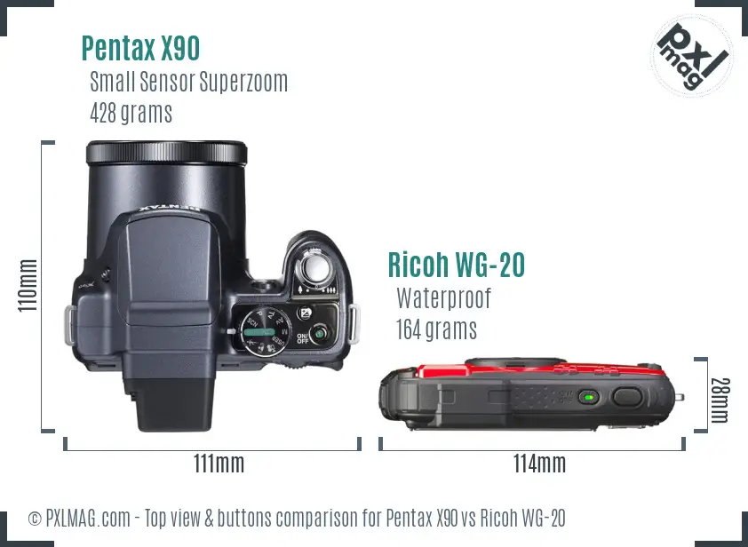 Pentax X90 vs Ricoh WG-20 top view buttons comparison