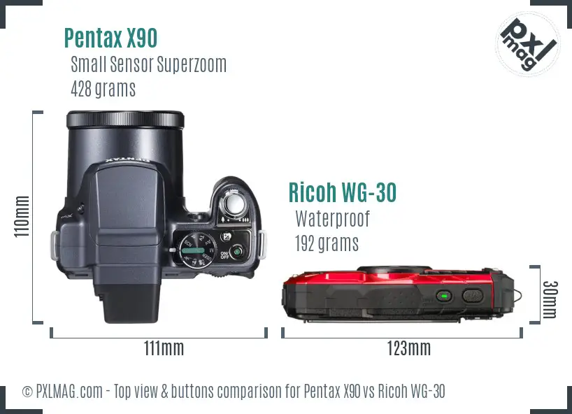 Pentax X90 vs Ricoh WG-30 top view buttons comparison