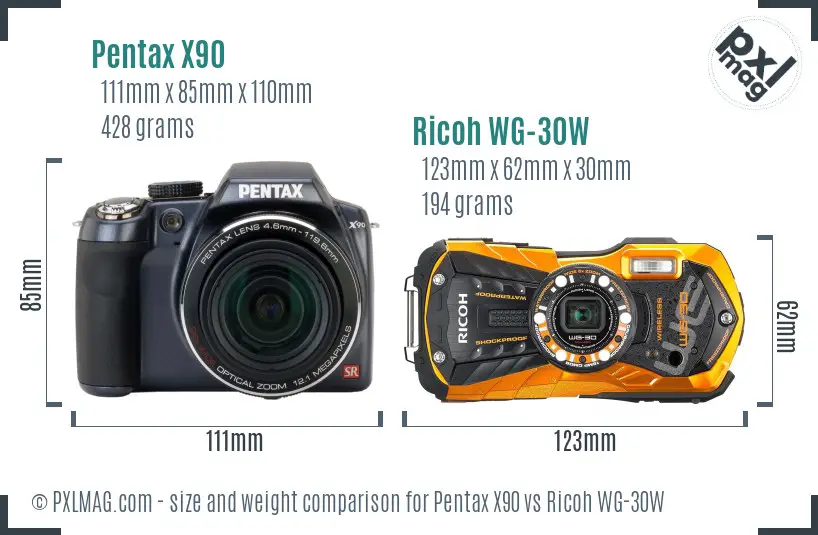 Pentax X90 vs Ricoh WG-30W size comparison