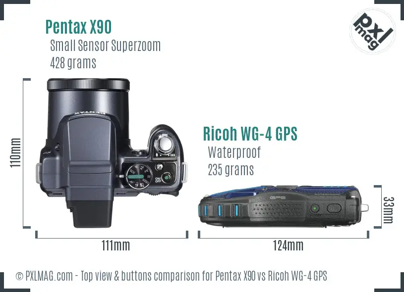 Pentax X90 vs Ricoh WG-4 GPS top view buttons comparison