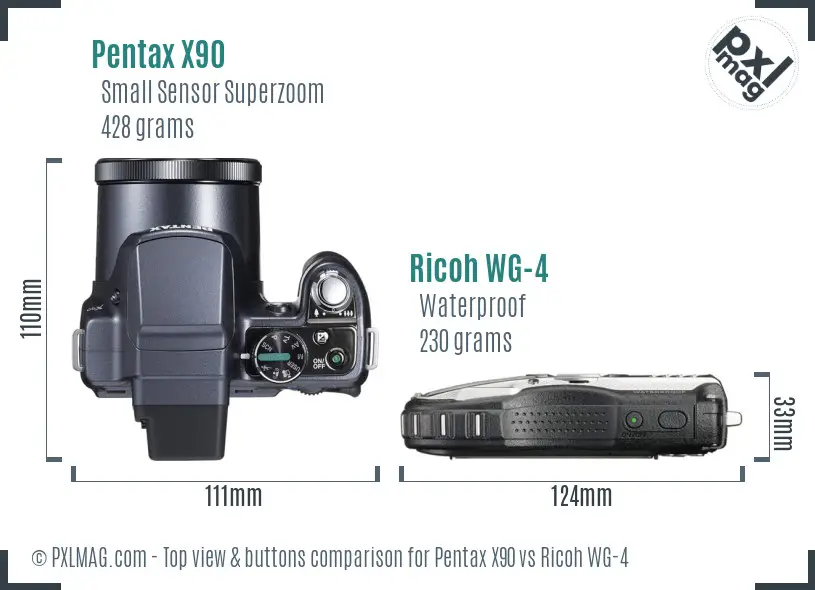 Pentax X90 vs Ricoh WG-4 top view buttons comparison
