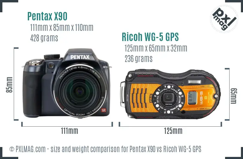 Pentax X90 vs Ricoh WG-5 GPS size comparison