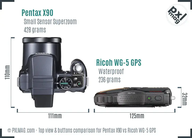 Pentax X90 vs Ricoh WG-5 GPS top view buttons comparison