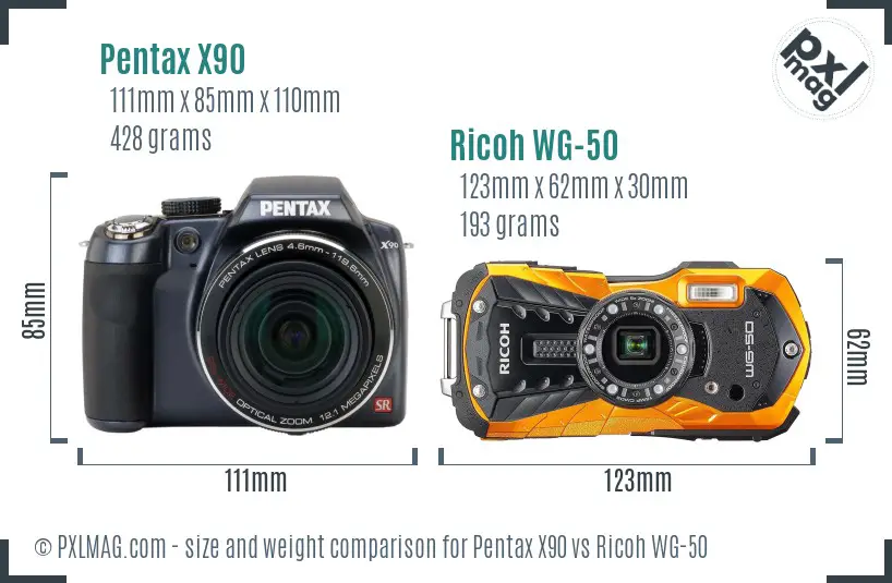 Pentax X90 vs Ricoh WG-50 size comparison
