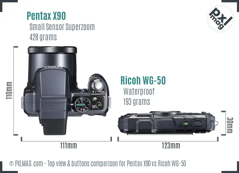 Pentax X90 vs Ricoh WG-50 top view buttons comparison