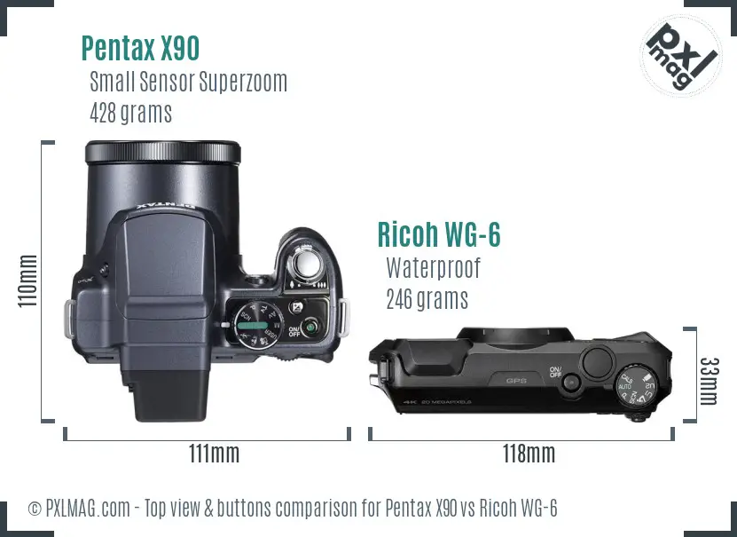 Pentax X90 vs Ricoh WG-6 top view buttons comparison