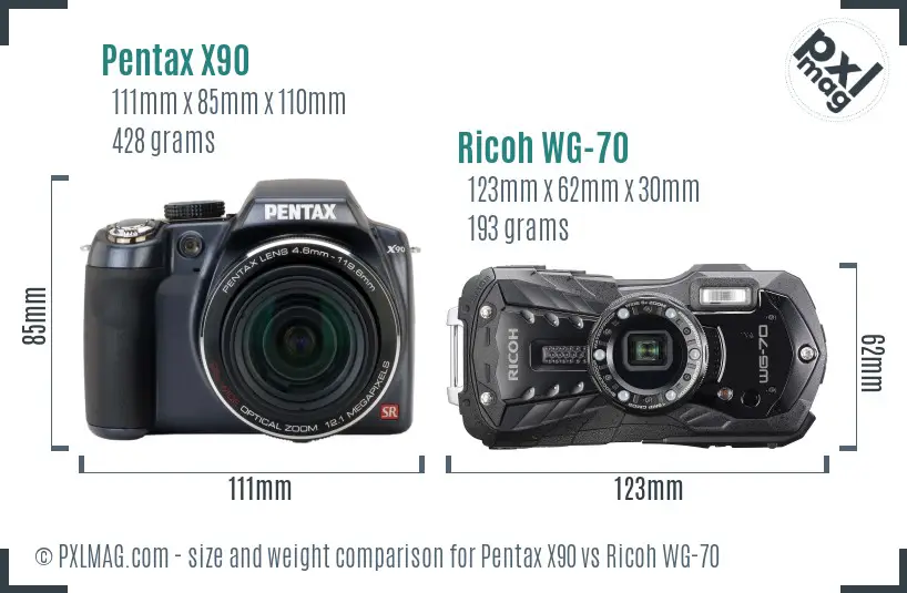 Pentax X90 vs Ricoh WG-70 size comparison