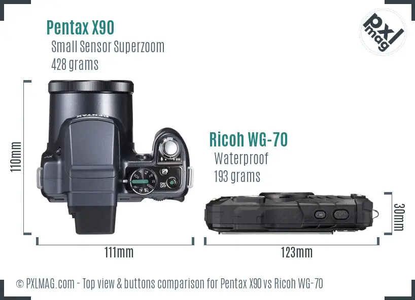 Pentax X90 vs Ricoh WG-70 top view buttons comparison