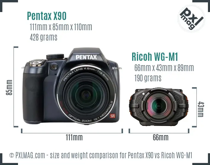 Pentax X90 vs Ricoh WG-M1 size comparison
