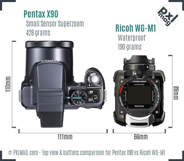 Pentax X90 vs Ricoh WG-M1 top view buttons comparison