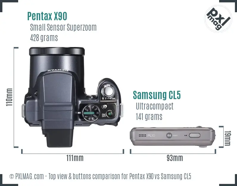 Pentax X90 vs Samsung CL5 top view buttons comparison