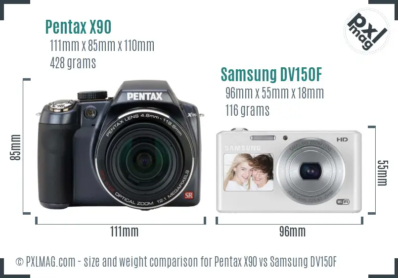 Pentax X90 vs Samsung DV150F size comparison