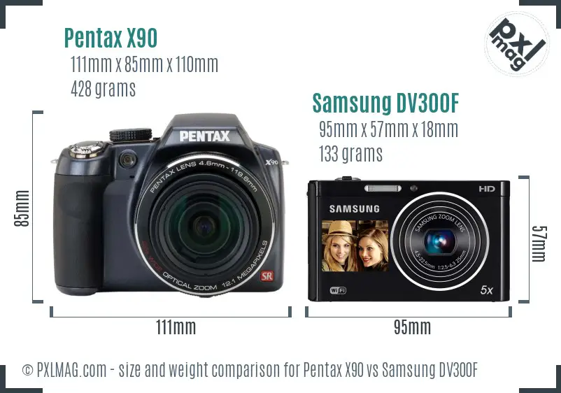 Pentax X90 vs Samsung DV300F size comparison