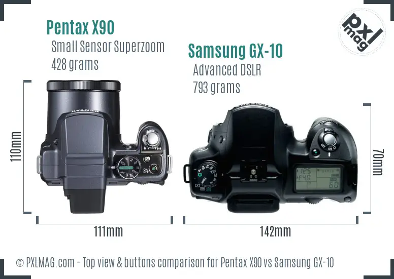 Pentax X90 vs Samsung GX-10 top view buttons comparison