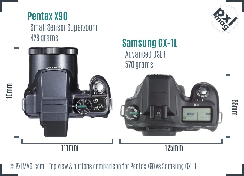 Pentax X90 vs Samsung GX-1L top view buttons comparison