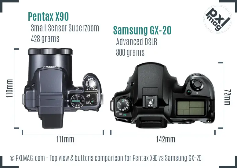 Pentax X90 vs Samsung GX-20 top view buttons comparison