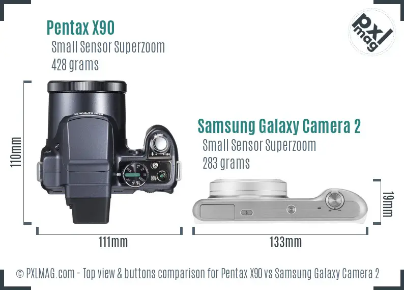 Pentax X90 vs Samsung Galaxy Camera 2 top view buttons comparison