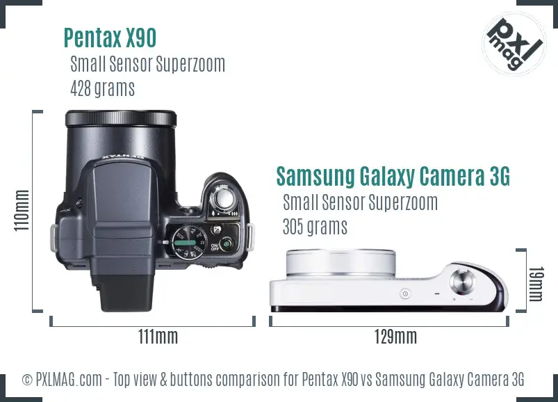 Pentax X90 vs Samsung Galaxy Camera 3G top view buttons comparison
