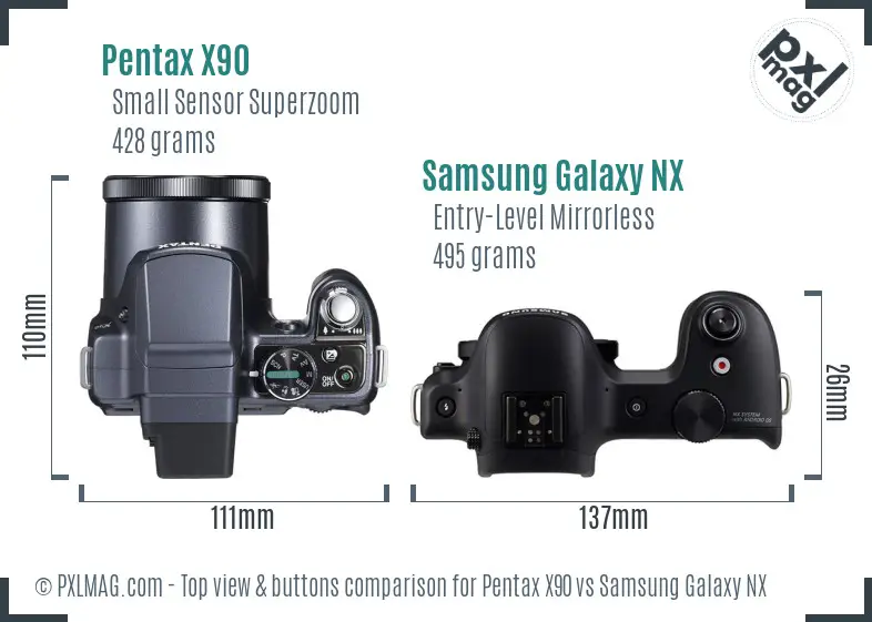 Pentax X90 vs Samsung Galaxy NX top view buttons comparison