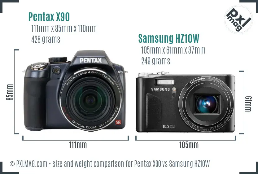 Pentax X90 vs Samsung HZ10W size comparison