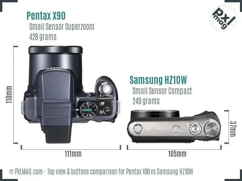 Pentax X90 vs Samsung HZ10W top view buttons comparison