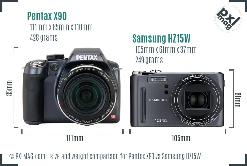Pentax X90 vs Samsung HZ15W size comparison