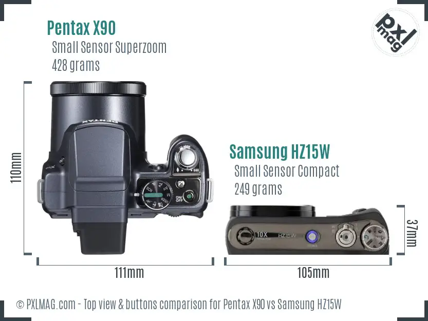 Pentax X90 vs Samsung HZ15W top view buttons comparison