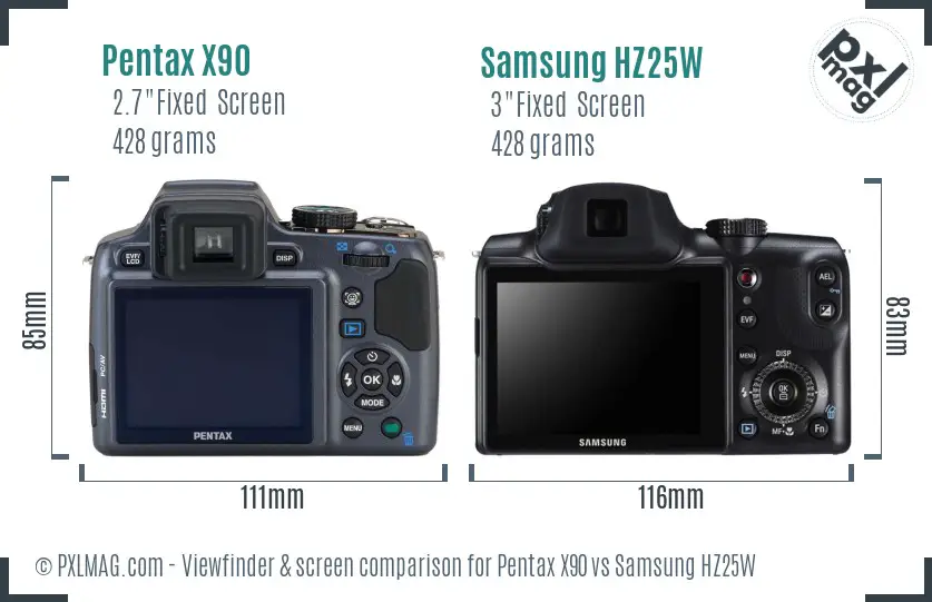 Pentax X90 vs Samsung HZ25W Screen and Viewfinder comparison