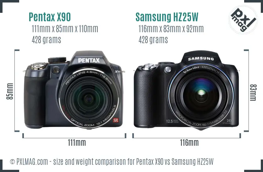 Pentax X90 vs Samsung HZ25W size comparison