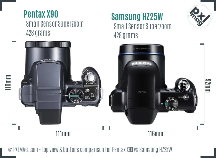 Pentax X90 vs Samsung HZ25W top view buttons comparison