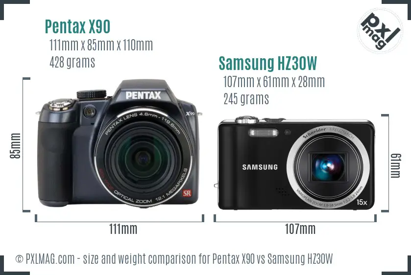 Pentax X90 vs Samsung HZ30W size comparison
