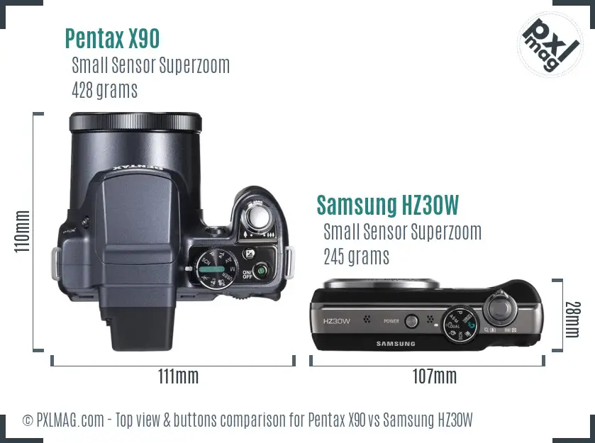 Pentax X90 vs Samsung HZ30W top view buttons comparison