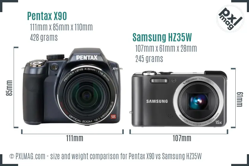 Pentax X90 vs Samsung HZ35W size comparison