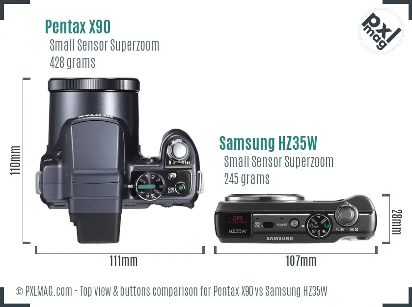 Pentax X90 vs Samsung HZ35W top view buttons comparison