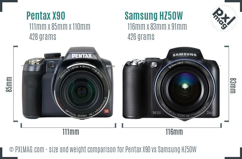 Pentax X90 vs Samsung HZ50W size comparison