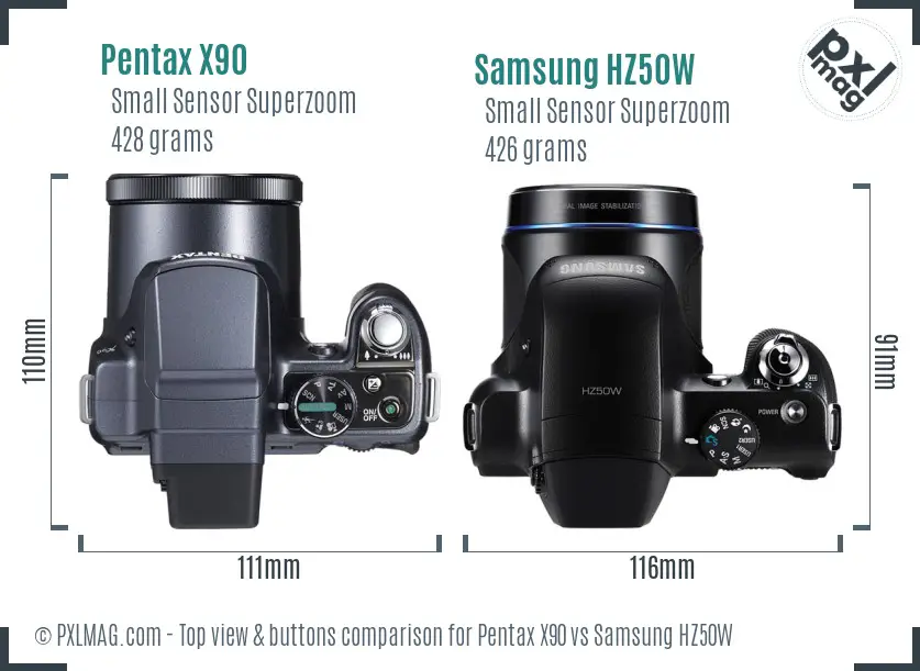 Pentax X90 vs Samsung HZ50W top view buttons comparison