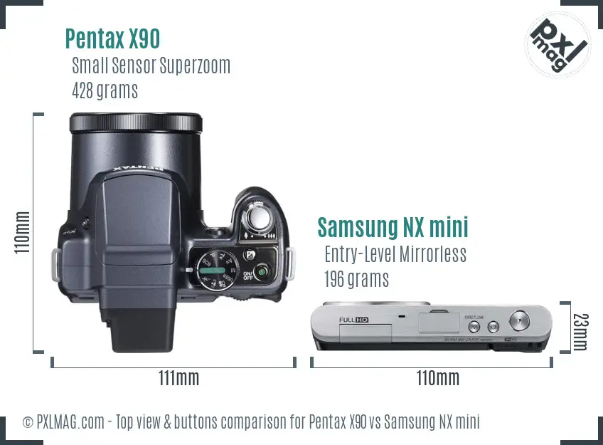 Pentax X90 vs Samsung NX mini top view buttons comparison
