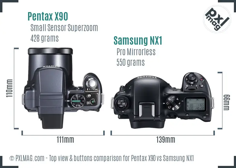 Pentax X90 vs Samsung NX1 top view buttons comparison